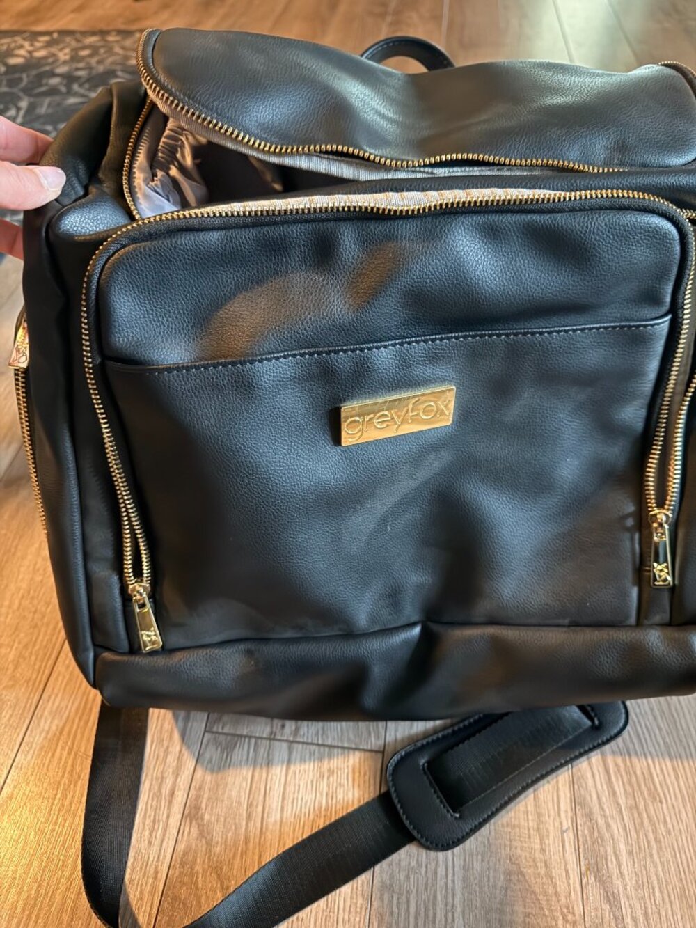 Greyfox Diaper Bag Black Leather Backpack with shoulder Strap